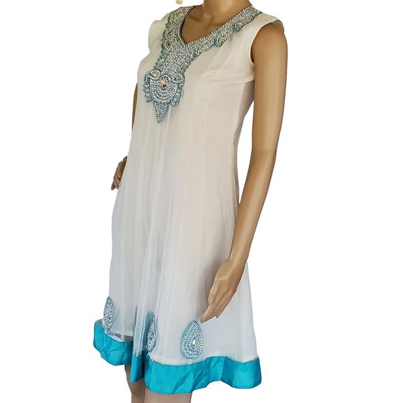 White Beaded A Line Sun Dress Women's XS Sleeveless Teal Trim Lined Netted - Picture 2 of 12